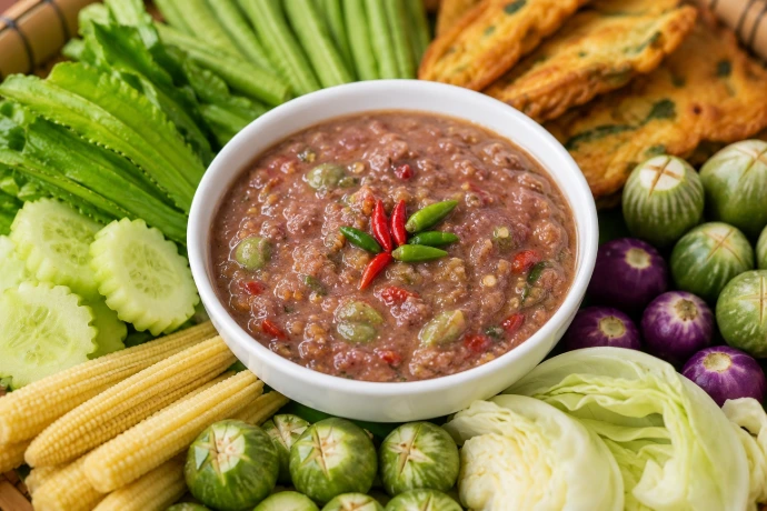 ​น้ำพริกกะปิและผักเคียง วัตถุดิบอาหารใต้จากร้านบางส้านพานิช